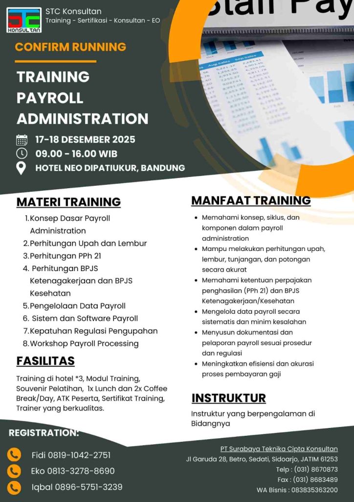 Flyer Training Payroll Administration oleh STC Konsultan di Hotel Neo Dipatiukur Bandung, menampilkan materi perhitungan upah, PPh 21, dan BPJS.