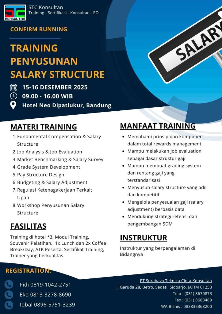 Brosur materi dan manfaat training penyusunan salary structure oleh STC Konsultan, mencakup job analysis hingga market benchmarking.