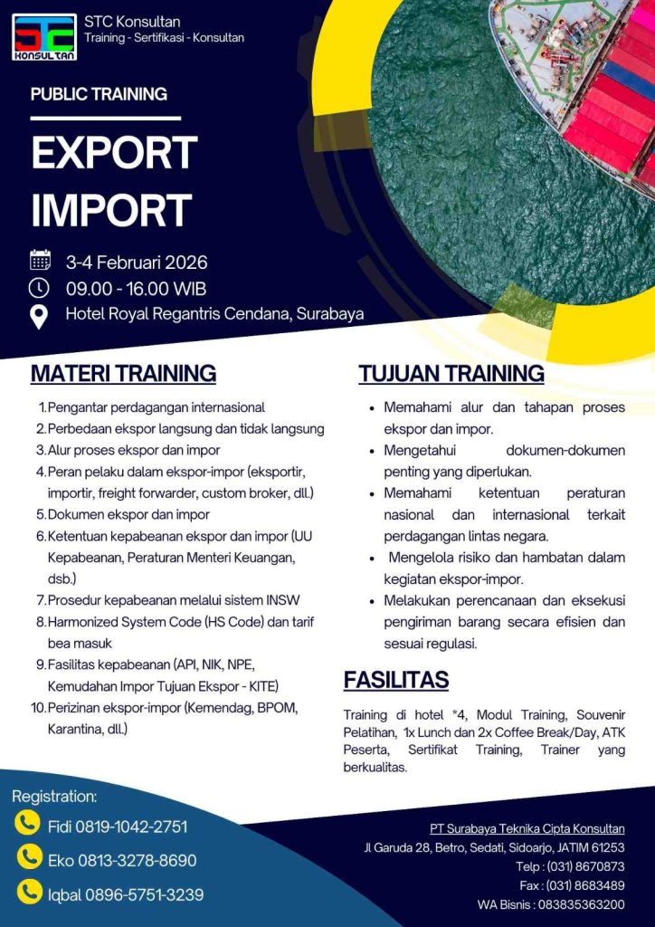 Poster Public Training Export Import STC Konsultan di Hotel Royal Regantris Cendana Surabaya Februari 2026.