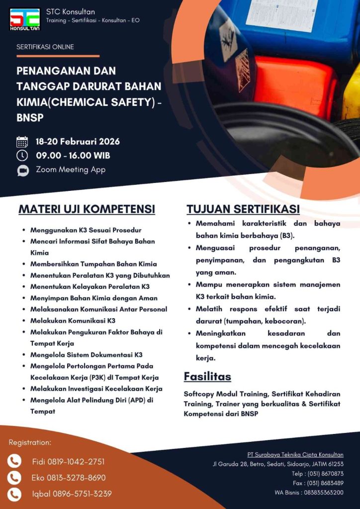 Poster Eksklusif Pelatihan Tanggap Darurat Bahan Kimia BNSP 2026 STC Konsultan.