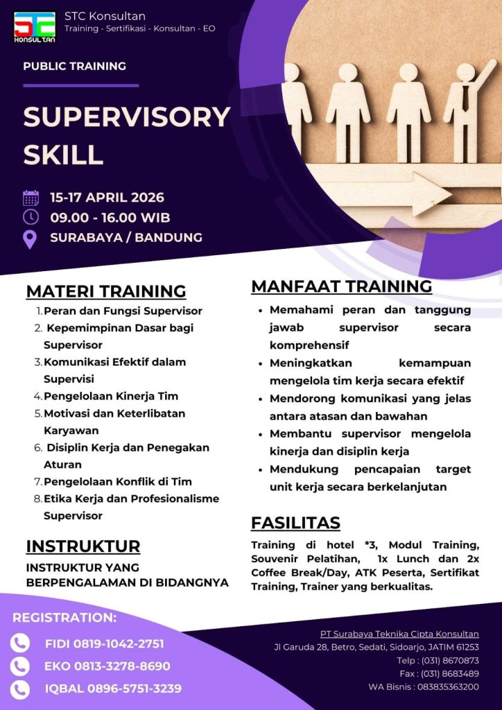 Jadwal Training SPV April 2026 oleh STC Konsultan di Surabaya dan Bandung.