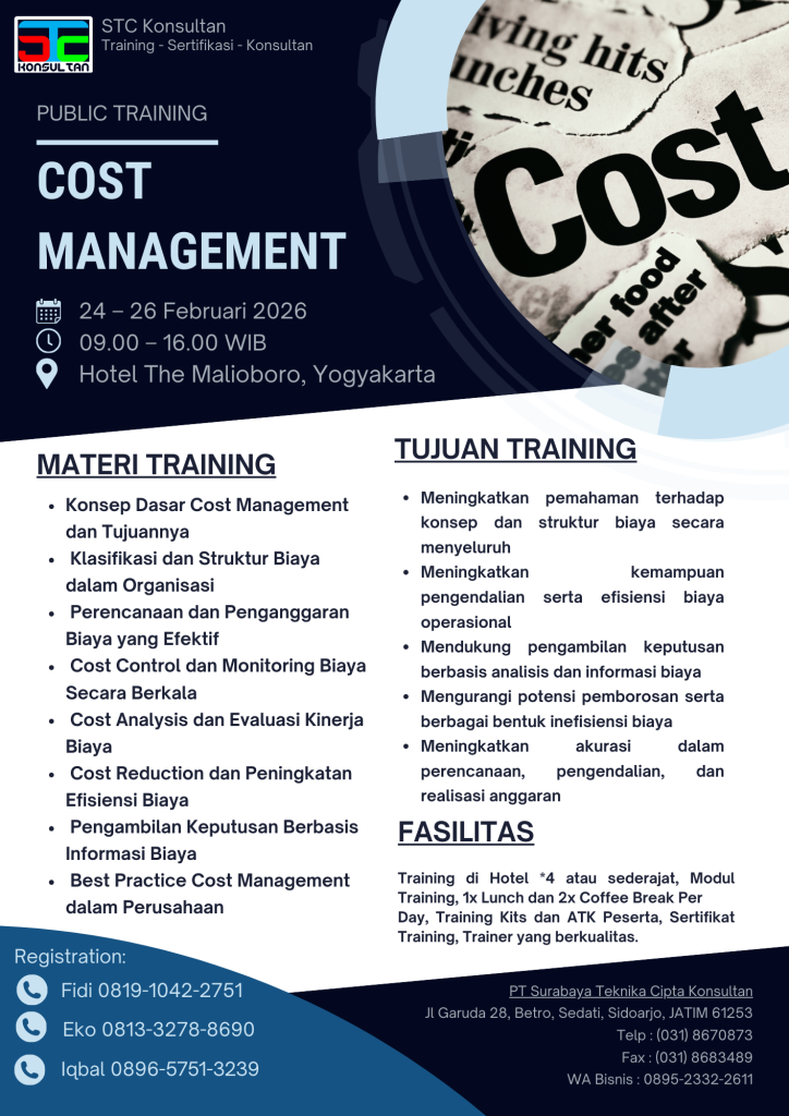 Poster Pelatihan Publik Cost Management oleh PT Surabaya Teknika Cipta Konsultan (STC Konsultan)