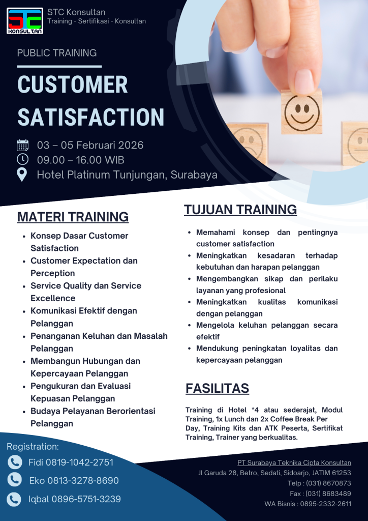 Jadwal dan materi Pelatihan Kepuasan Pelanggan (Customer Satisfaction) oleh STC Konsultan di Surabaya.