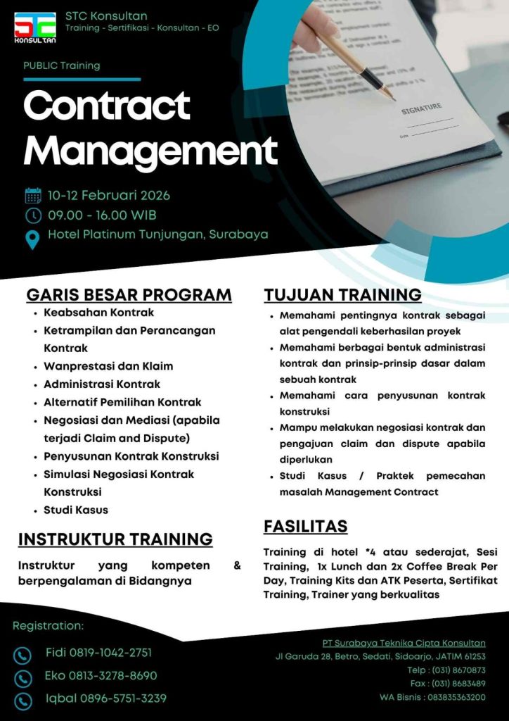 Poster training contract management bersama PT Surabaya Teknika Cipta Konsultan di Hotel Platinum Surabaya