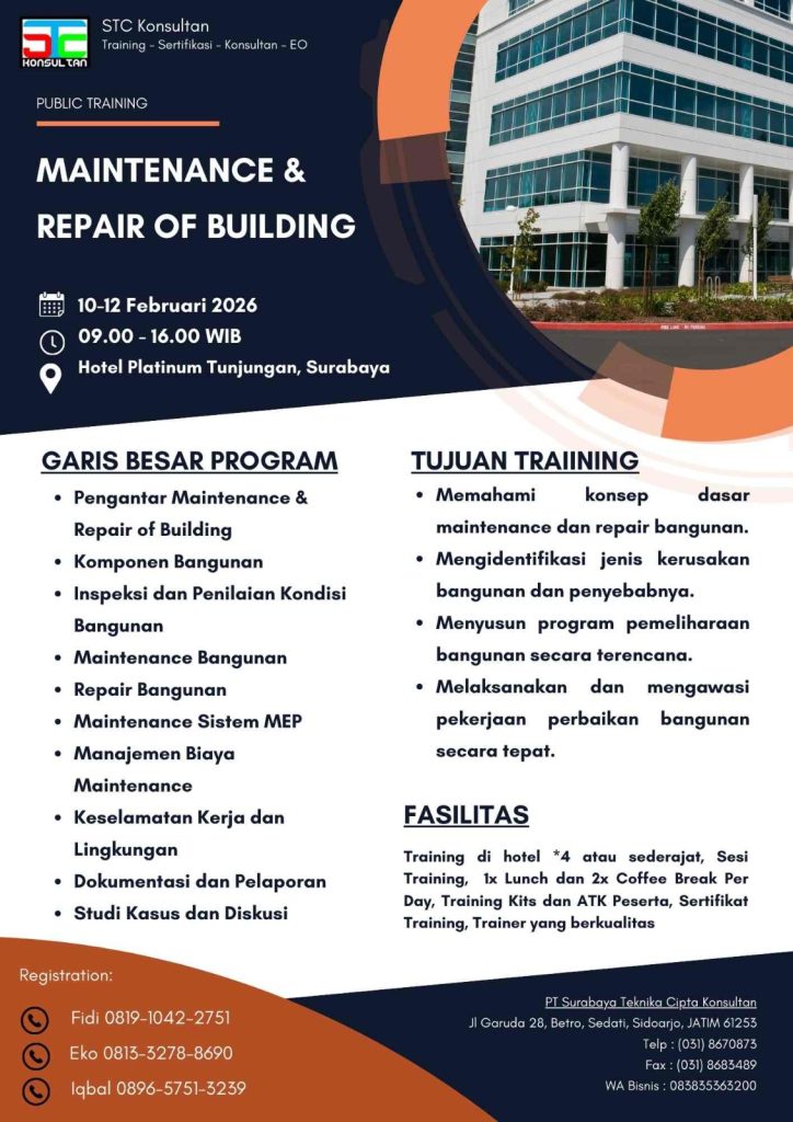 Brosur pelatihan perawatan dan perbaikan gedung di Surabaya oleh PT Surabaya Teknika Cipta Konsultan.