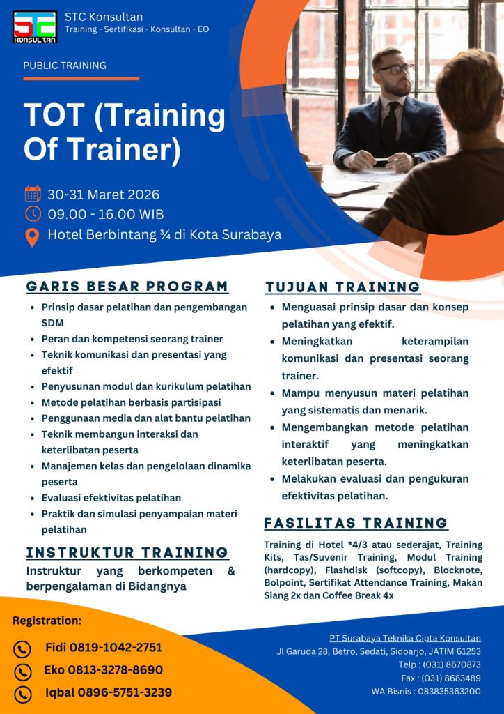 Poster Public Training Pelatihan Training of Trainer (TOT) oleh PT Surabaya Teknika Cipta Konsultan di Surabaya