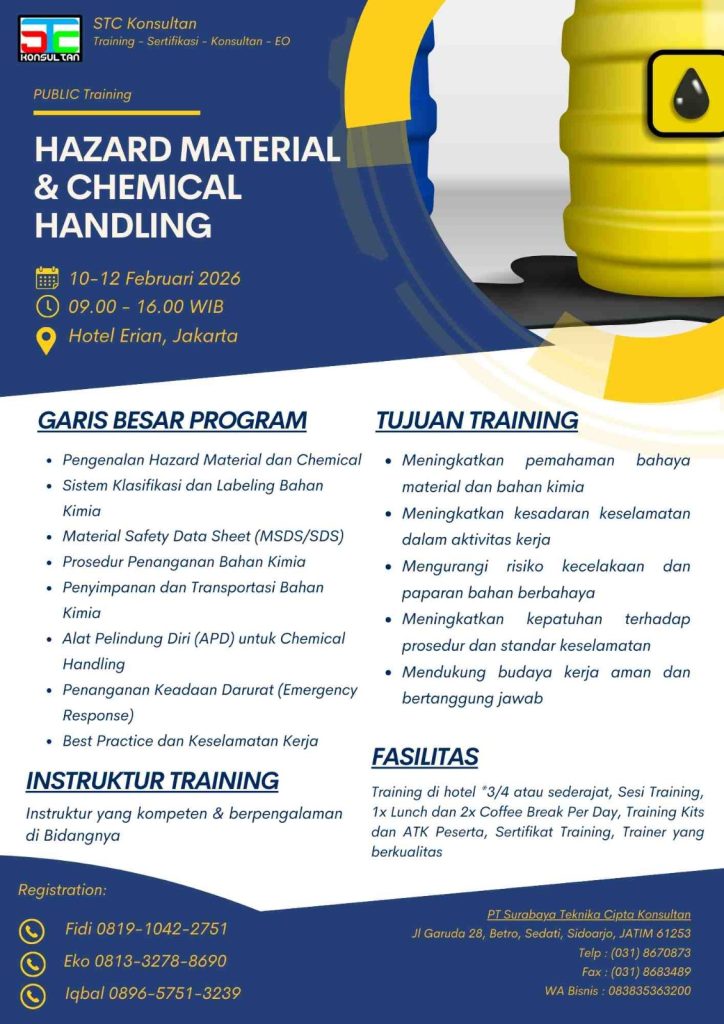 Poster jadwal pelatihan Hazard Material & Chemical Handling PT Surabaya Teknika Cipta Konsultan di Jakarta.